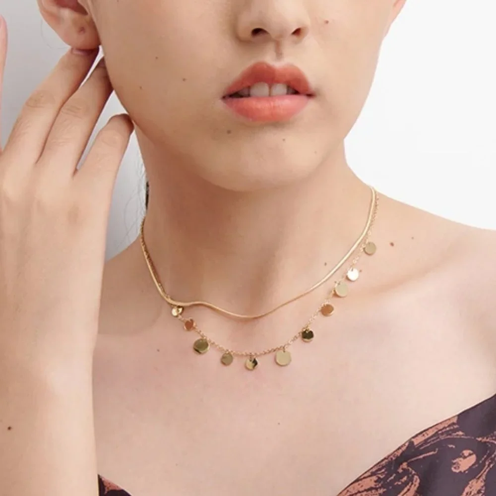 New 18K Gold Plated Coin Drop Double Layer Herringbone Necklace
